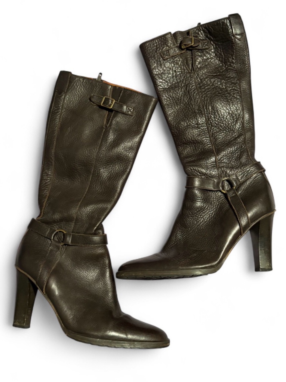 Genuine Leather Brown Knee High Heeled Boots Size 9